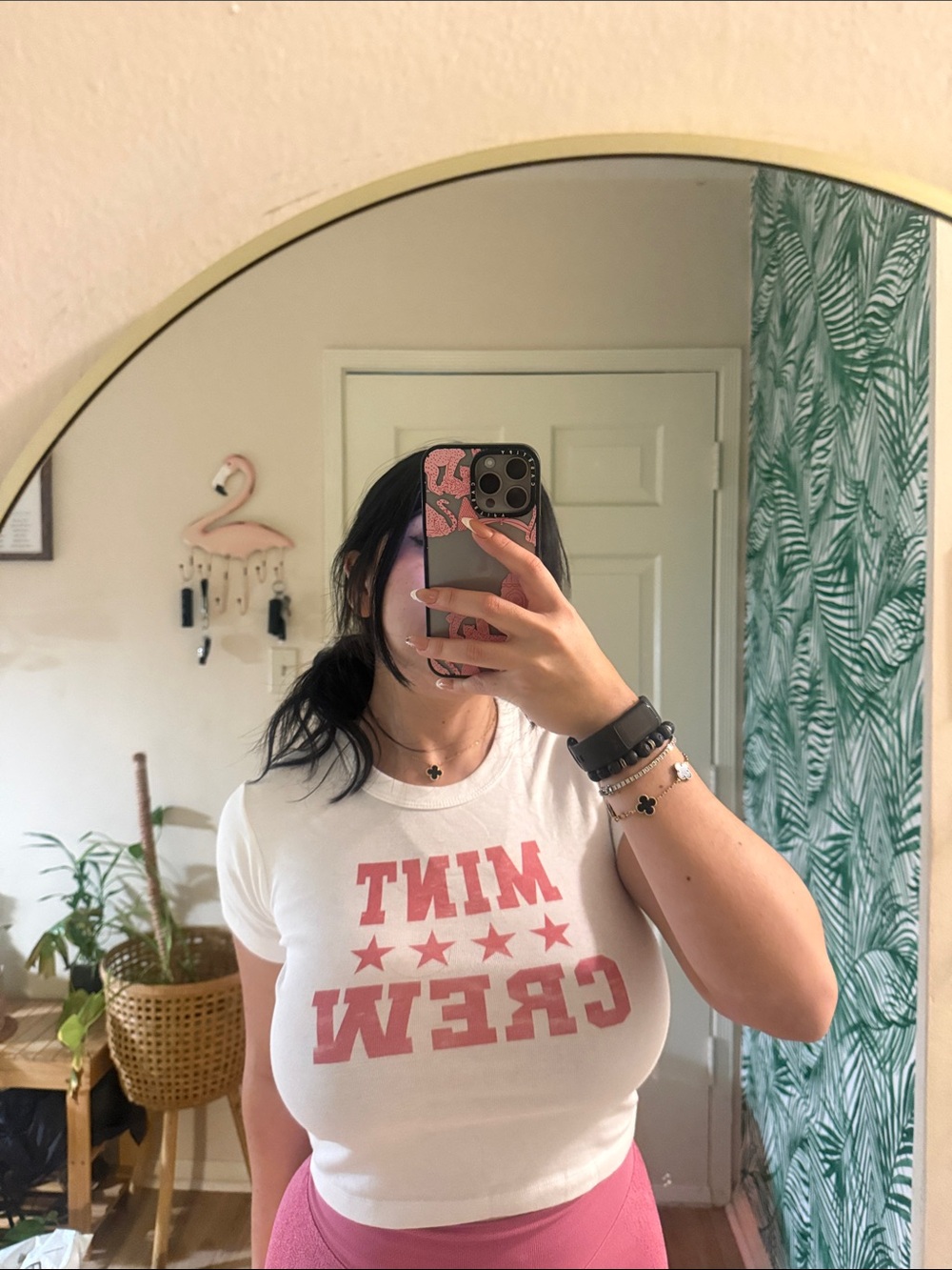 White "Mint Crew" Graphic Crop Tee - red Print